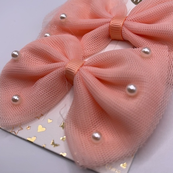 2 PK- PEACH Pearl Hair Bows with clip back - Picture 4 of 5